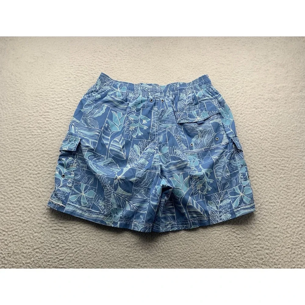 Tori Richard Swim Shorts Mens Medium Blue Hawaiian Tiki Lined Bathing Suit Flaws